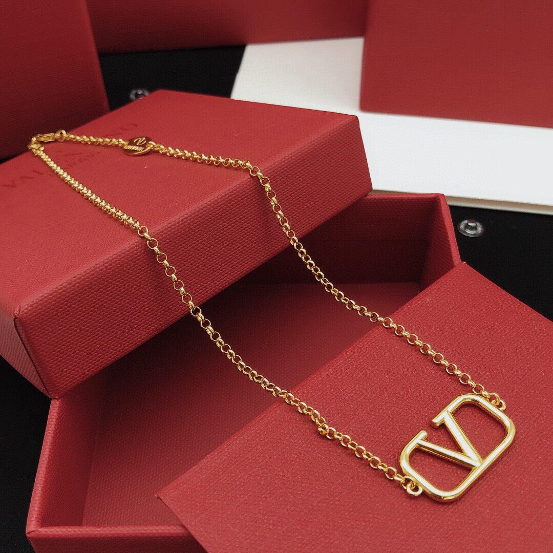 V Emblem Pendant Necklace in Gold-Tone – Design 01 front view