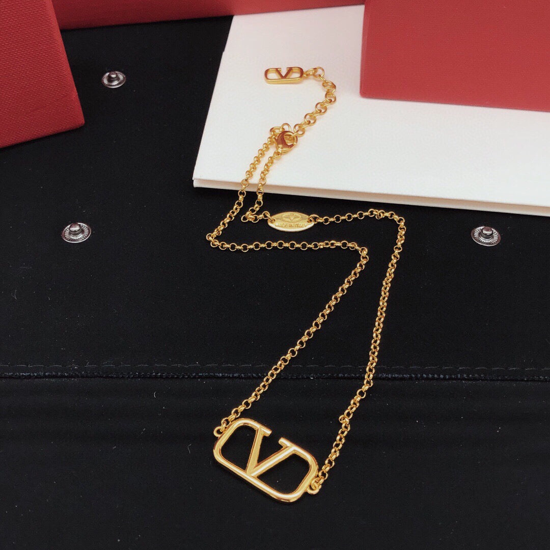 V Emblem Pendant Necklace in Gold-Tone – Design 01 detail view