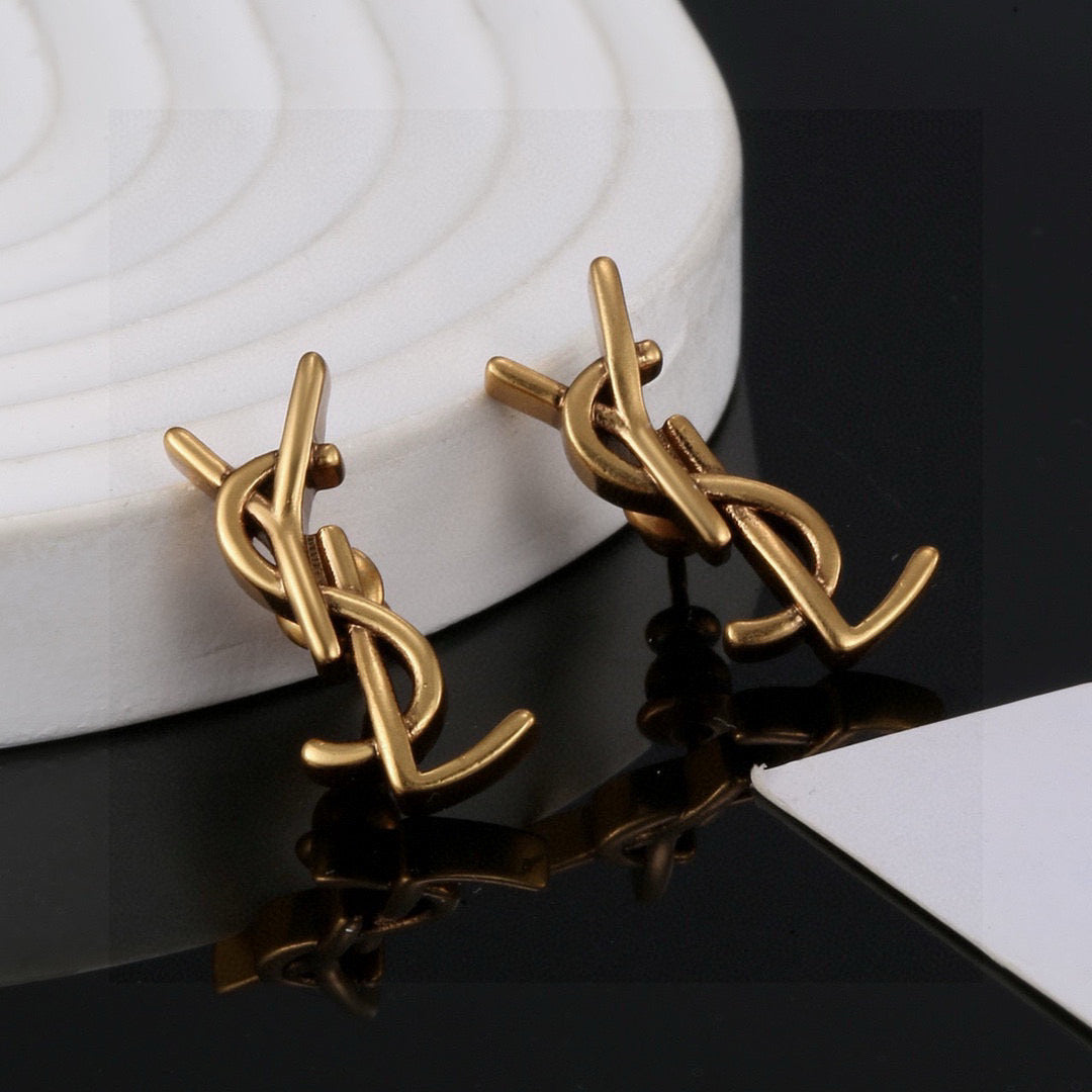 Geometric Emblem Stud Earrings in Gold-Tone – Design 013 detail view