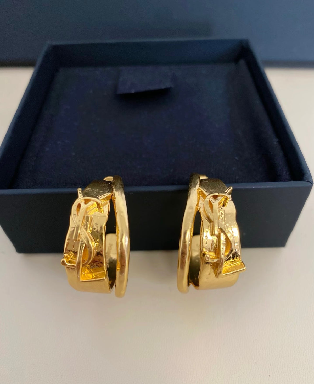 Geometric Emblem Hoop Earrings in Gold-Tone – Vintage Detail – Design 002 front product view