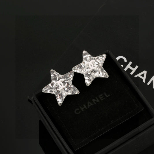 Double-C Emblem Stud Earrings in Silver-Tone – Star Detail – Design 005 main product view