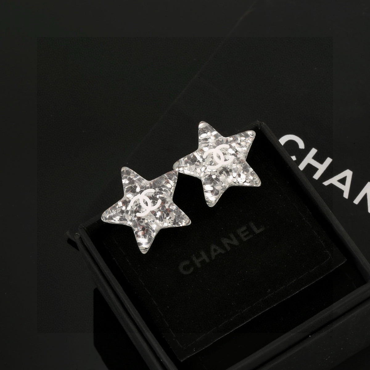 Double-C Emblem Stud Earrings in Silver-Tone – Star Detail – Design 006 main product view