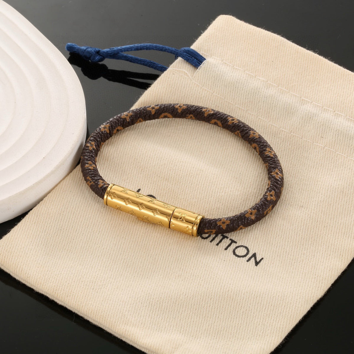 Geometric Emblem Leather-Detail Bracelet – Leather Detail – Design 010 main product view