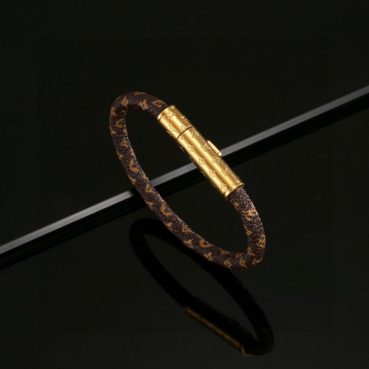 Geometric Emblem Leather-Detail Bracelet – Leather Detail – Design 010 front product view