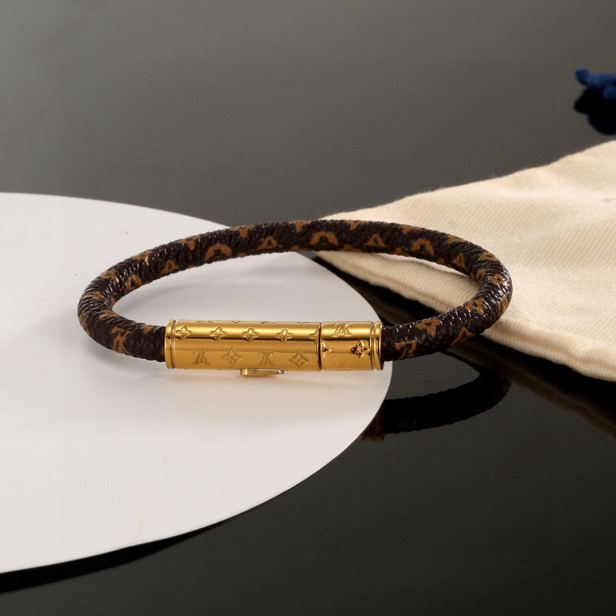 Geometric Emblem Leather-Detail Bracelet – Leather Detail – Design 010 front product view