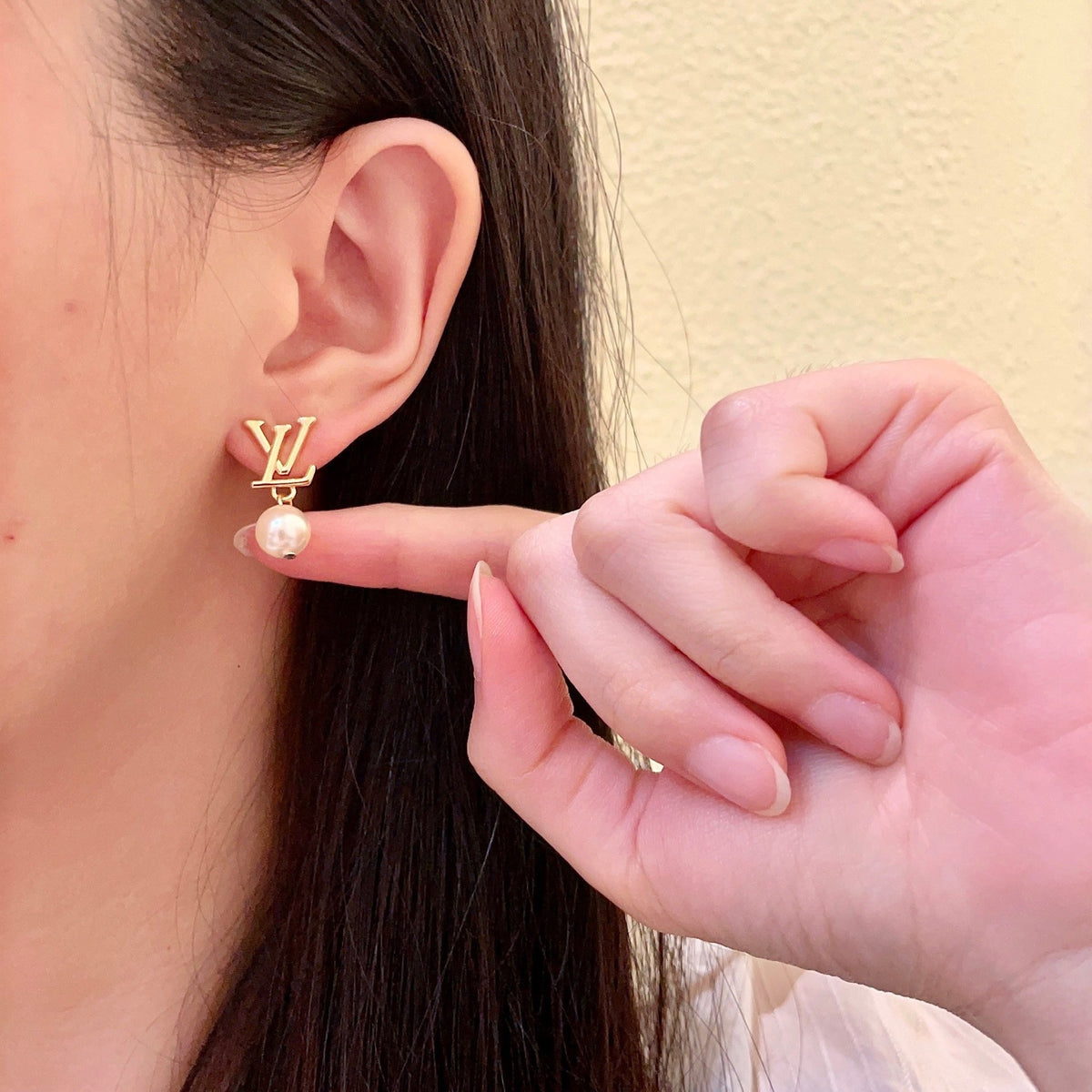 Letter Emblem Stud Earrings in Polished Metal-Tone – Design 029 styled product view