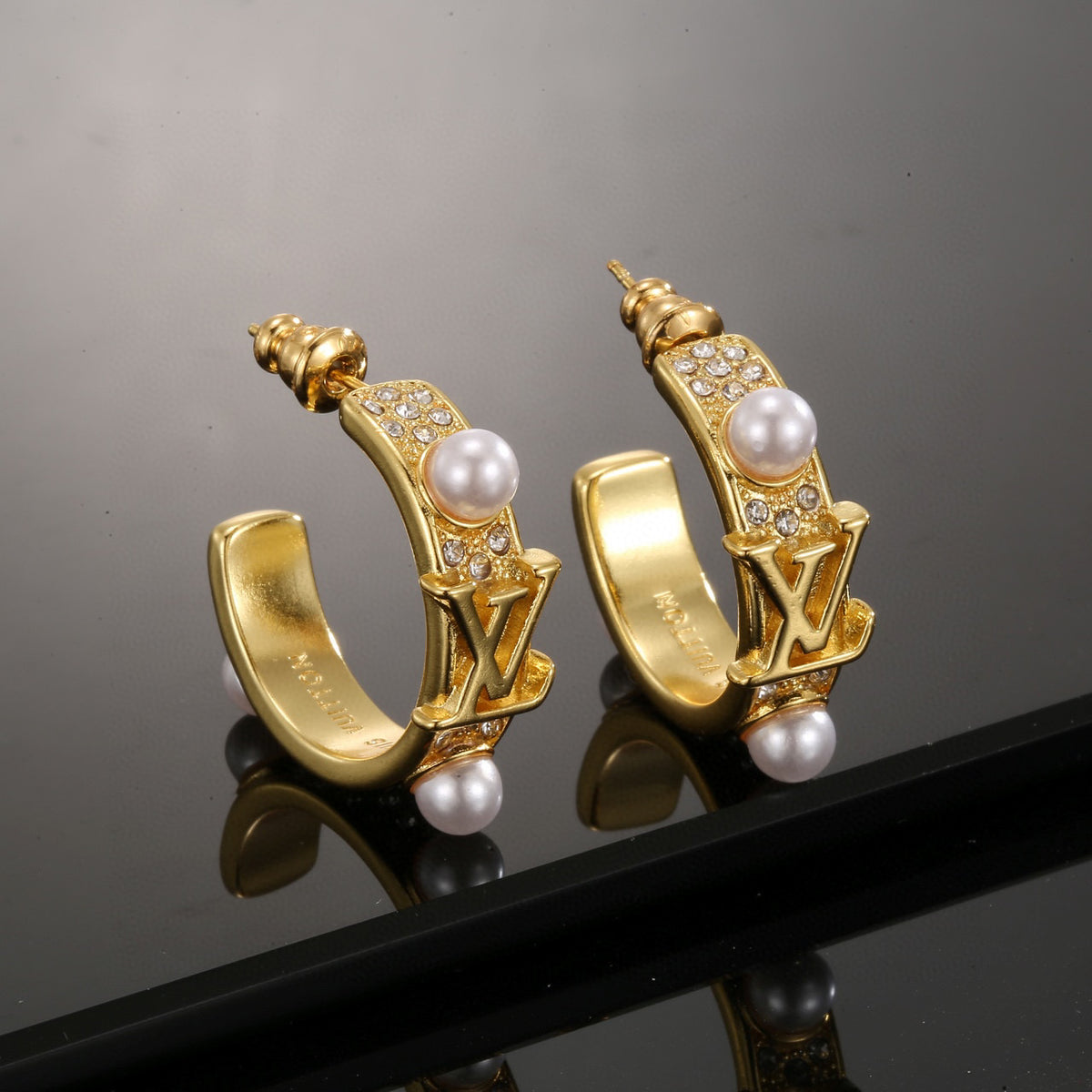 Letter Emblem Stud Earrings in Polished Metal-Tone – Design 039 main product view