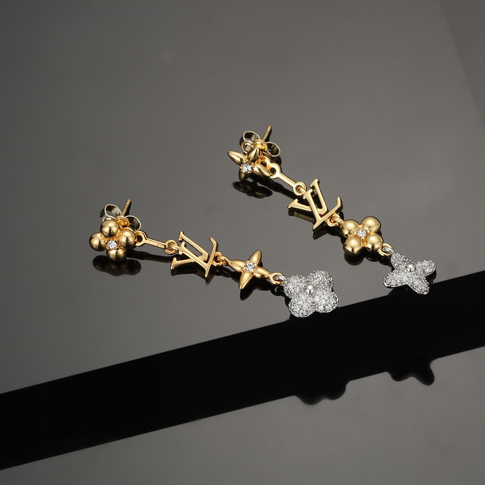 Letter Emblem Stud Earrings in Polished Metal-Tone – Design 038 front product view