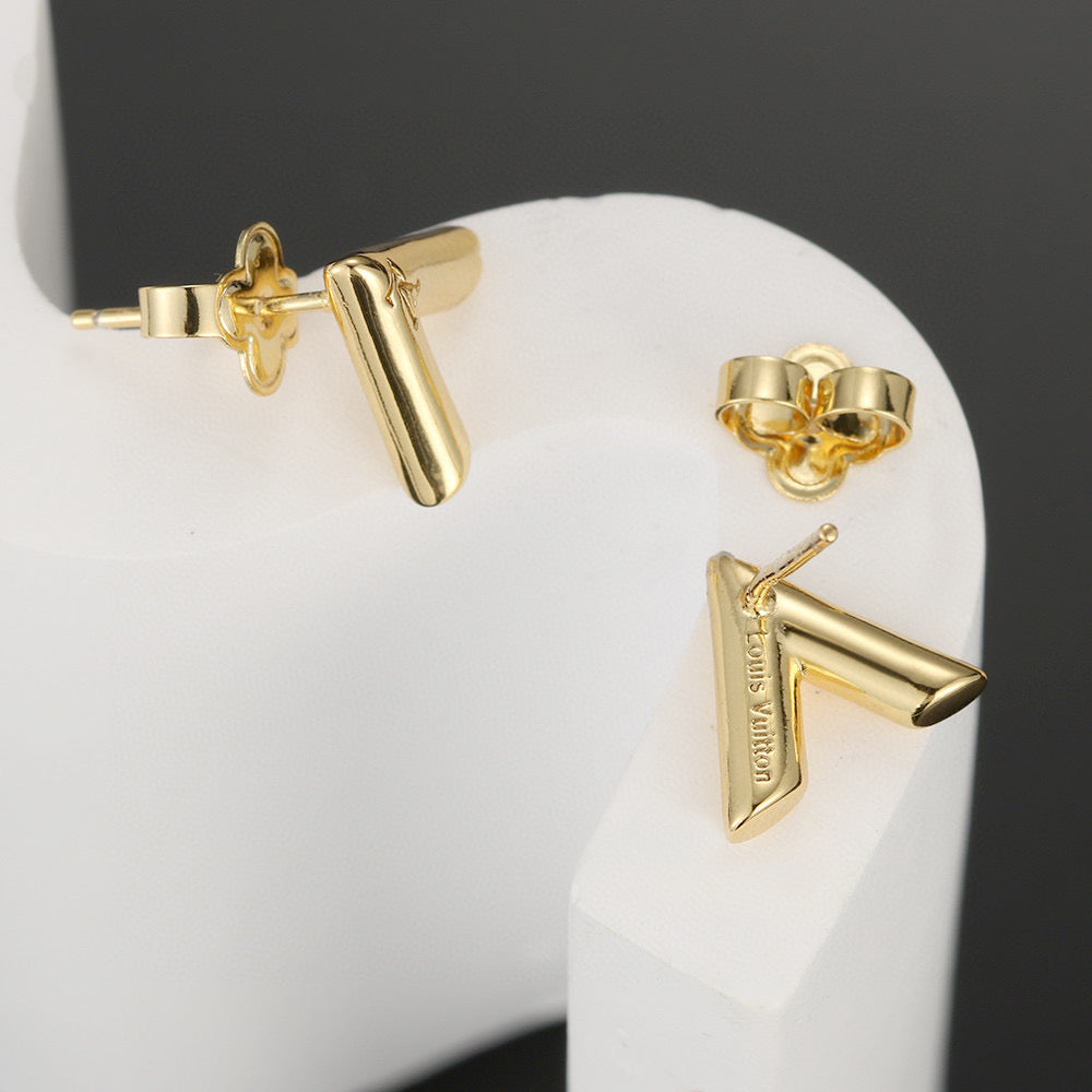 Letter Emblem Stud Earrings in Gold-Tone – Design 007 side detail