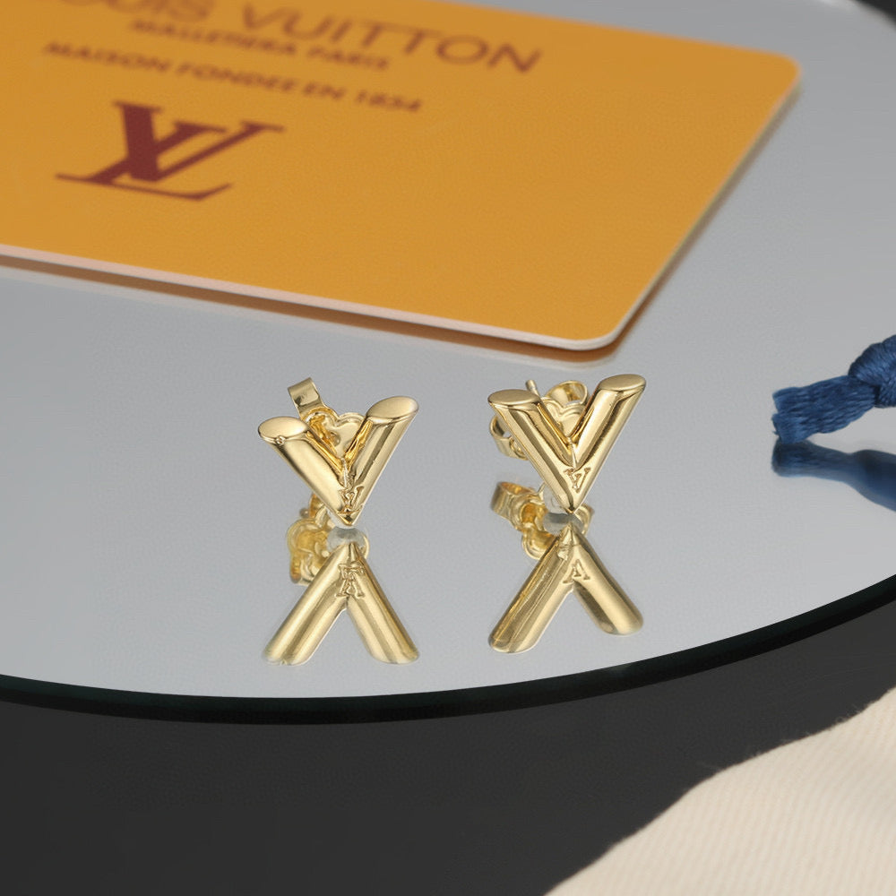 Letter Emblem Stud Earrings in Gold-Tone – Design 007 detail view