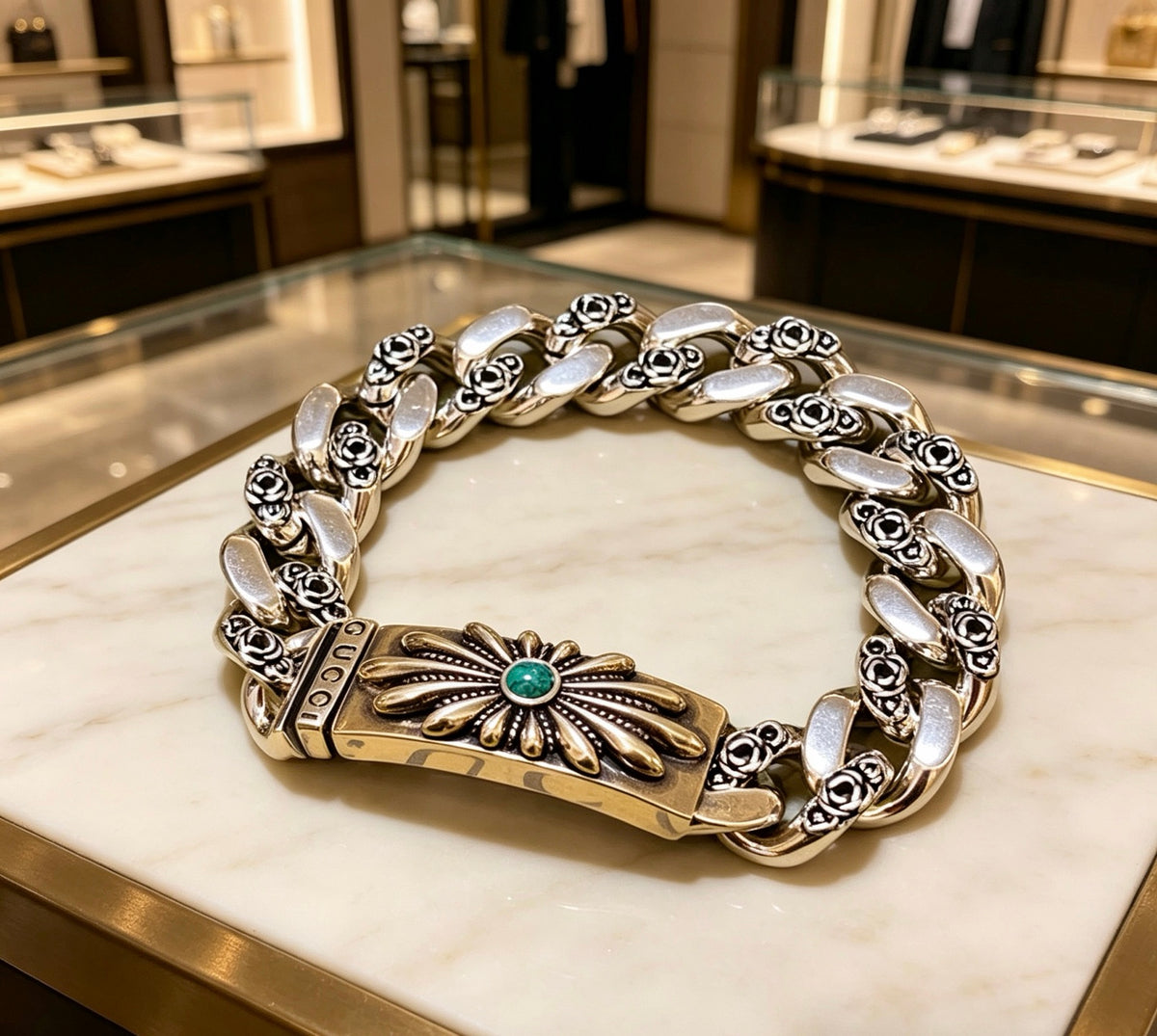 Floral Bracelet in Polished Metal-Tone – Design 015 close-up detail