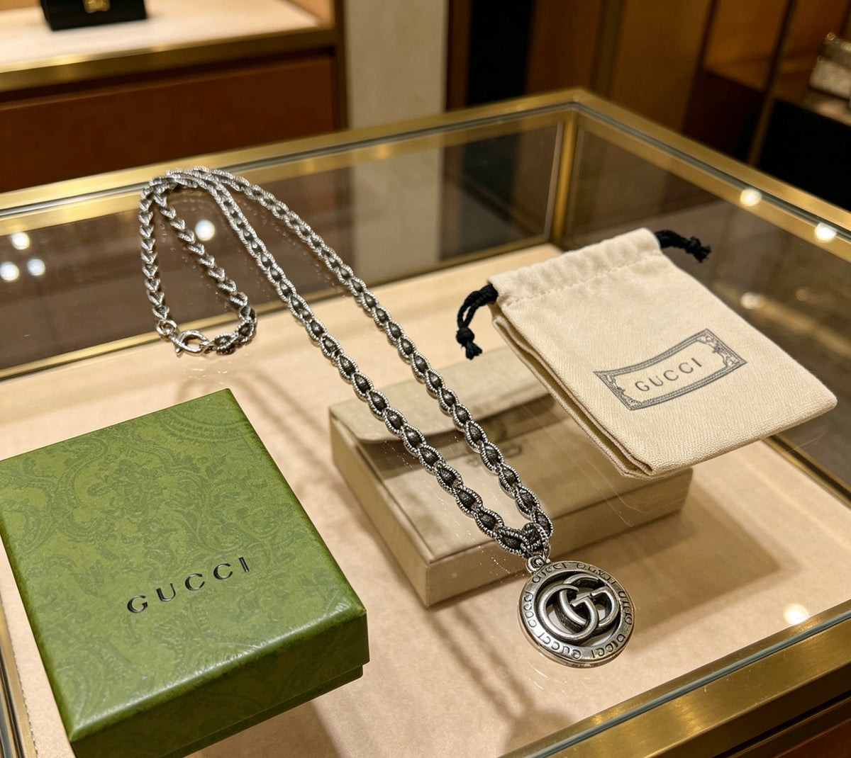 Double-G Emblem Pendant Necklace in Polished Metal-Tone – Vintage Detail – Design 038 styled product view