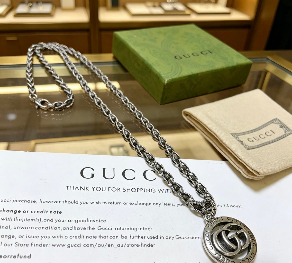 Double-G Emblem Pendant Necklace in Polished Metal-Tone – Vintage Detail – Design 038 front product view