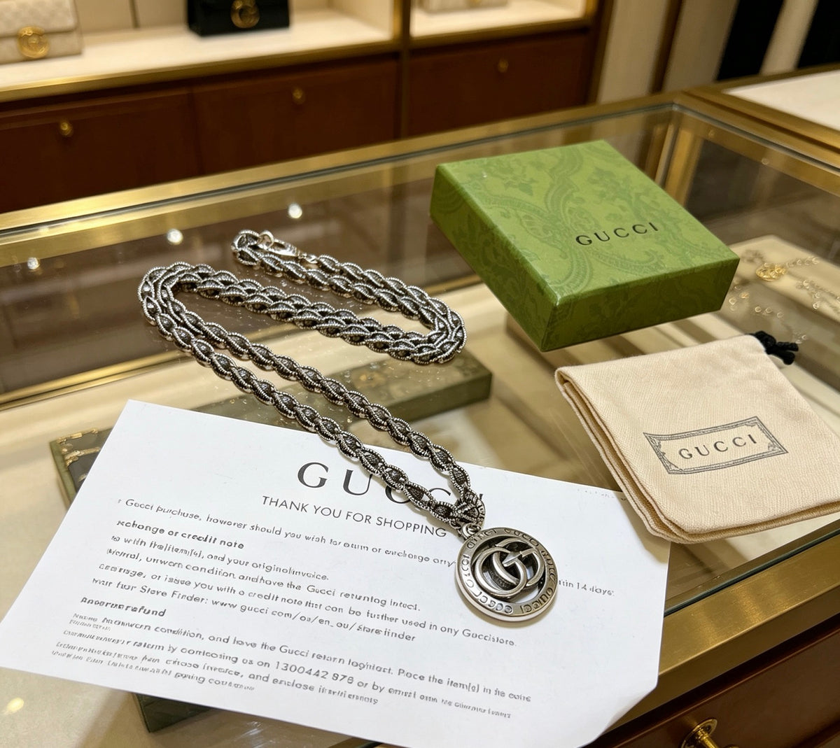 Double-G Emblem Pendant Necklace in Polished Metal-Tone – Vintage Detail – Design 038 front product view