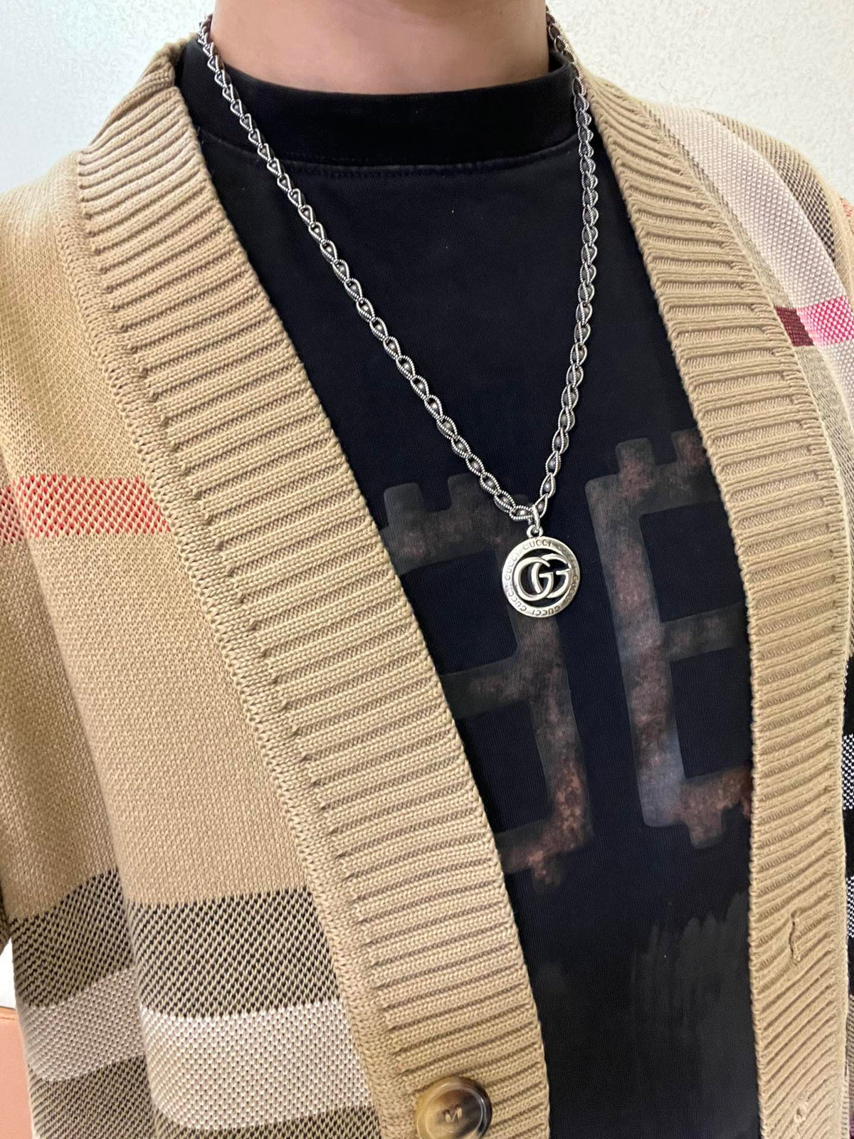 Double-G Emblem Pendant Necklace in Polished Metal-Tone – Vintage Detail – Design 038 main product view