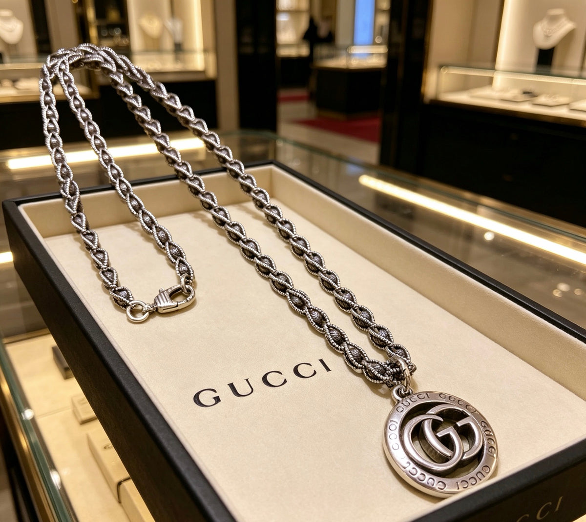 Double-G Emblem Pendant Necklace in Polished Metal-Tone – Vintage Detail – Design 038 main product view