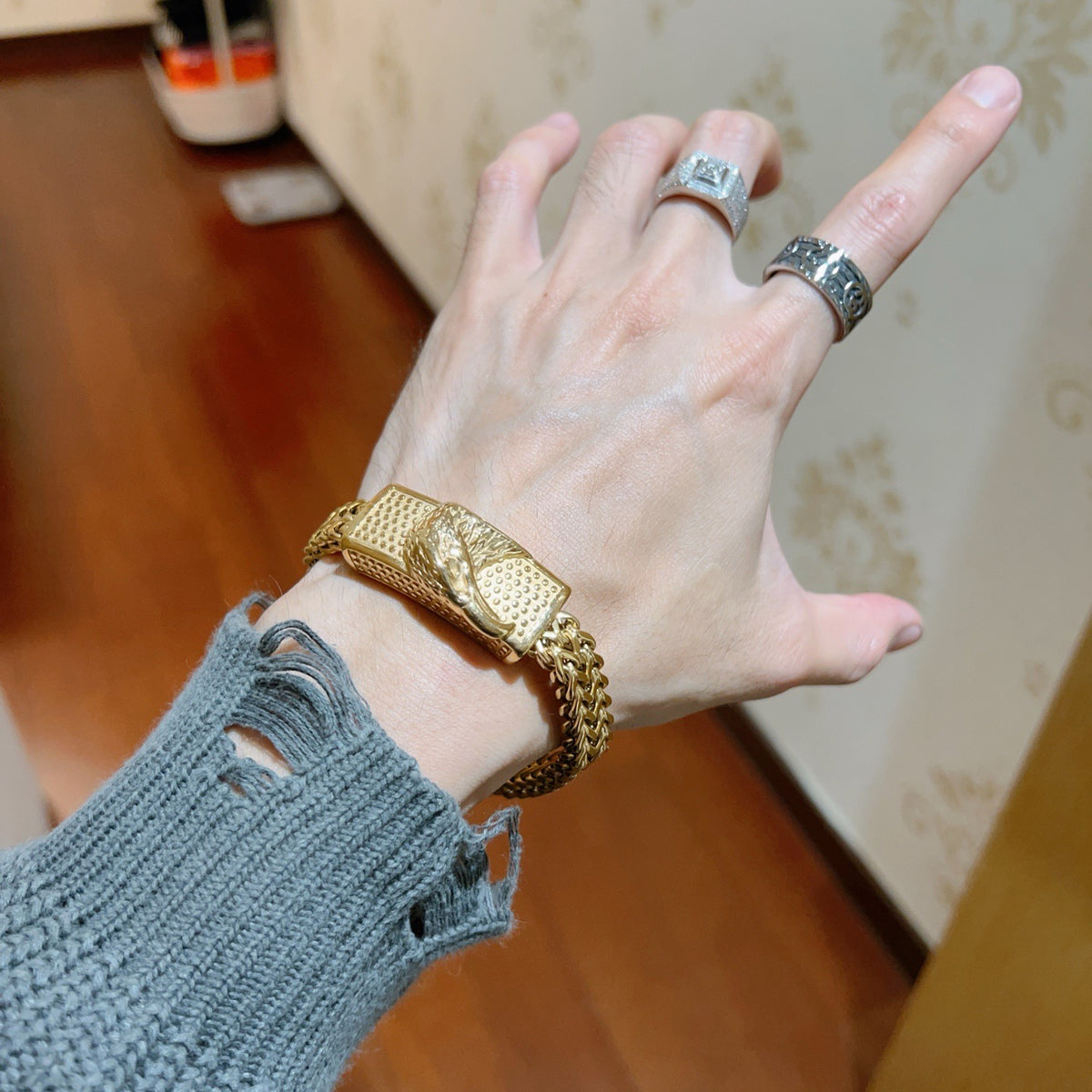 Geometric Emblem Bracelet in Polished Metal-Tone – Design 076 styled product view