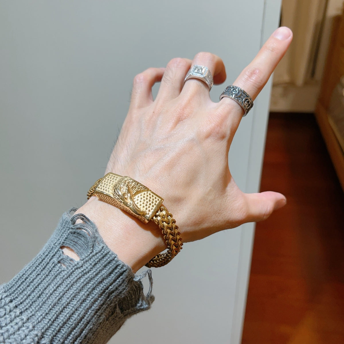 Geometric Emblem Bracelet in Polished Metal-Tone – Design 076 detail view