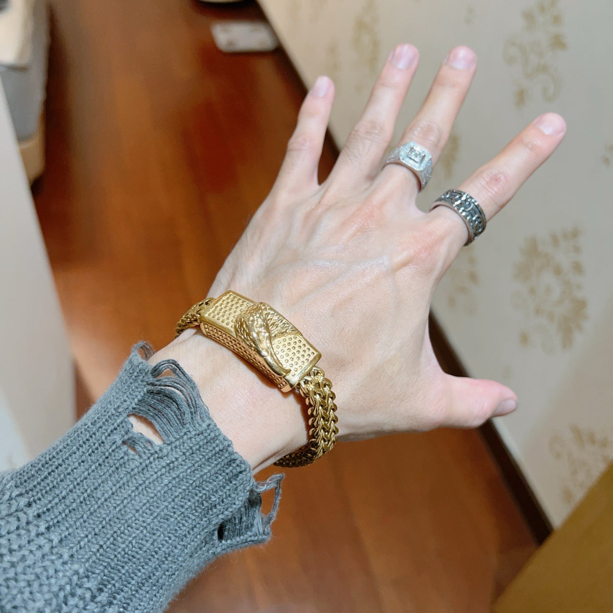 Geometric Emblem Bracelet in Polished Metal-Tone – Design 076 detail view