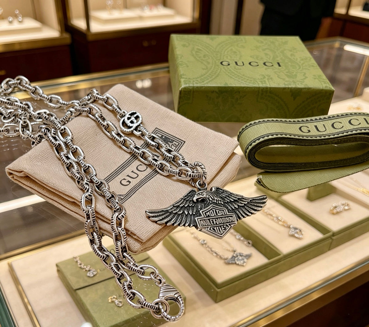 Double-G Emblem Pendant Necklace in Silver-Tone – Vintage Detail – Design 042 styled product view