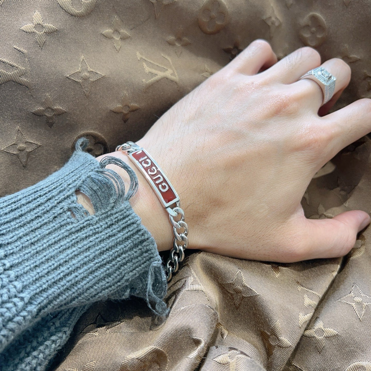 Geometric Emblem Bracelet in Polished Metal-Tone – Design 075 detail view
