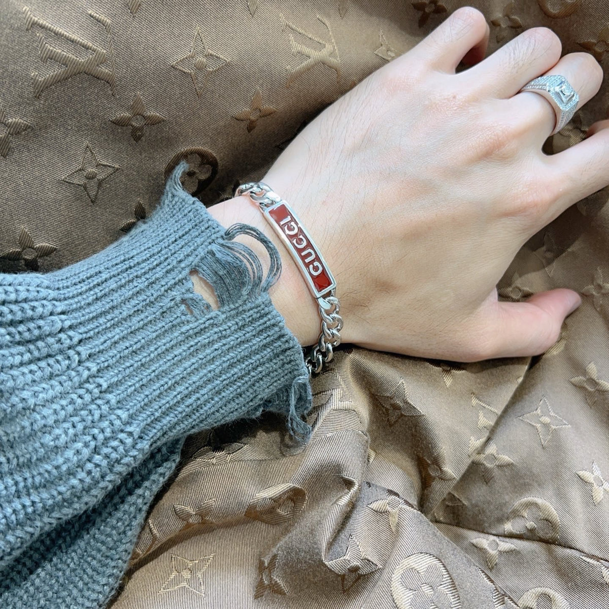 Geometric Emblem Bracelet in Polished Metal-Tone – Design 075 detail view