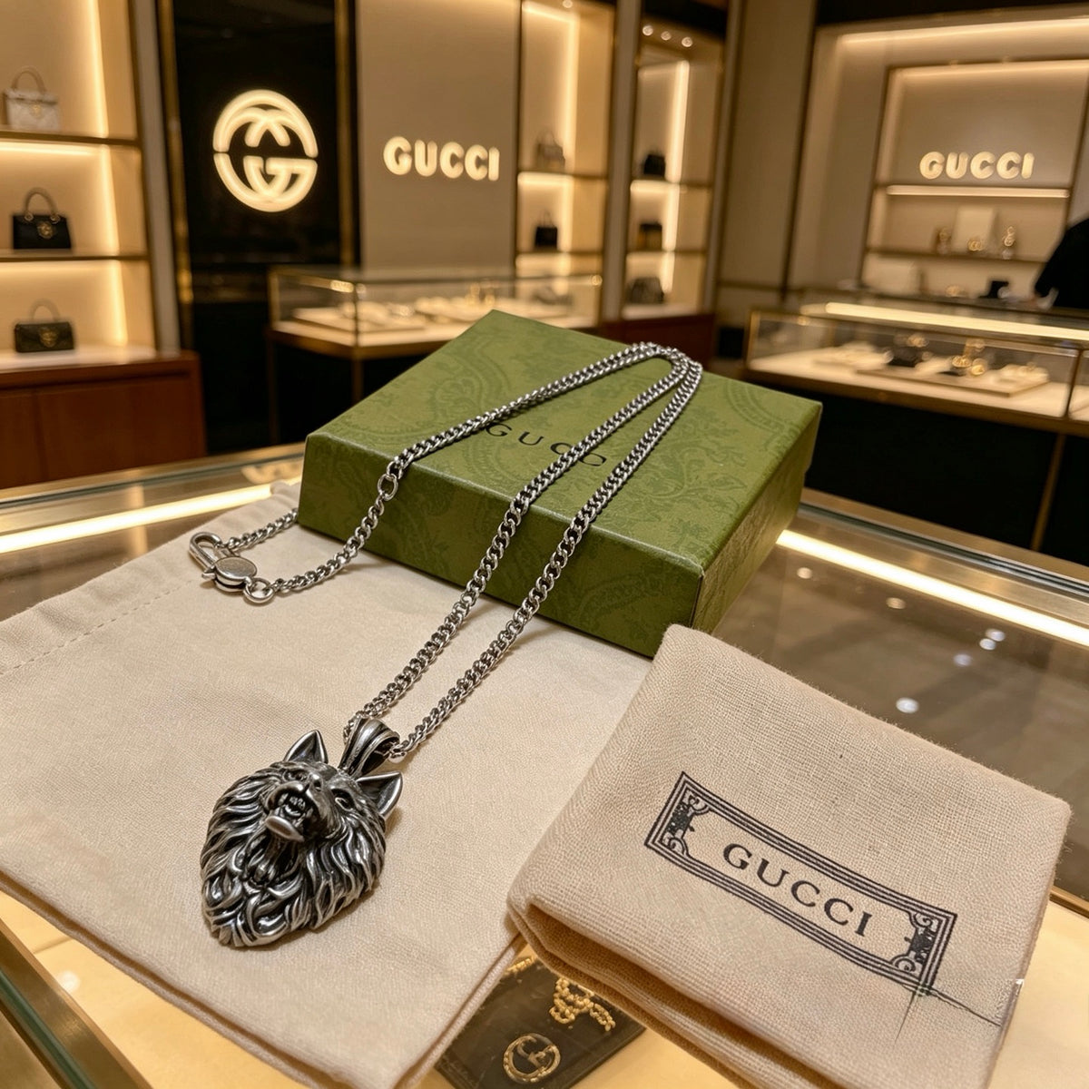Double-G Emblem Pendant Necklace in Polished Metal-Tone – Design 144 styled product view