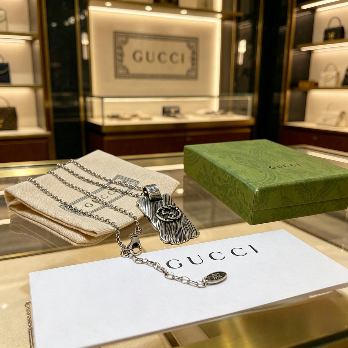 Double-G Emblem Pendant Necklace in Polished Metal-Tone – Design 143 front product view