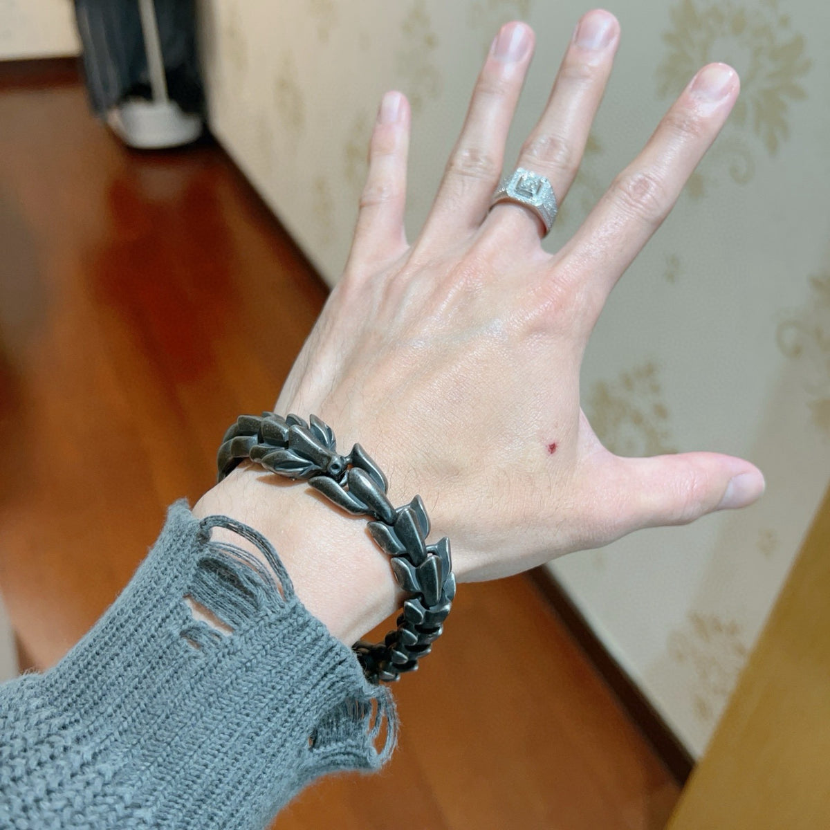 Geometric Emblem Bracelet in Polished Metal-Tone – Vintage Detail – Design 010 detail view