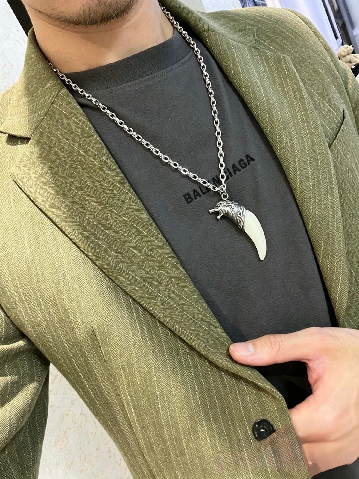 Double-G Emblem Pendant Necklace in Polished Metal-Tone – Design 142 styled product view