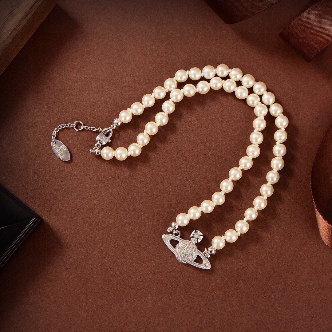 Orb Pendant Necklace in Polished Metal-Tone – Pearl Detail – Design 024 main product view