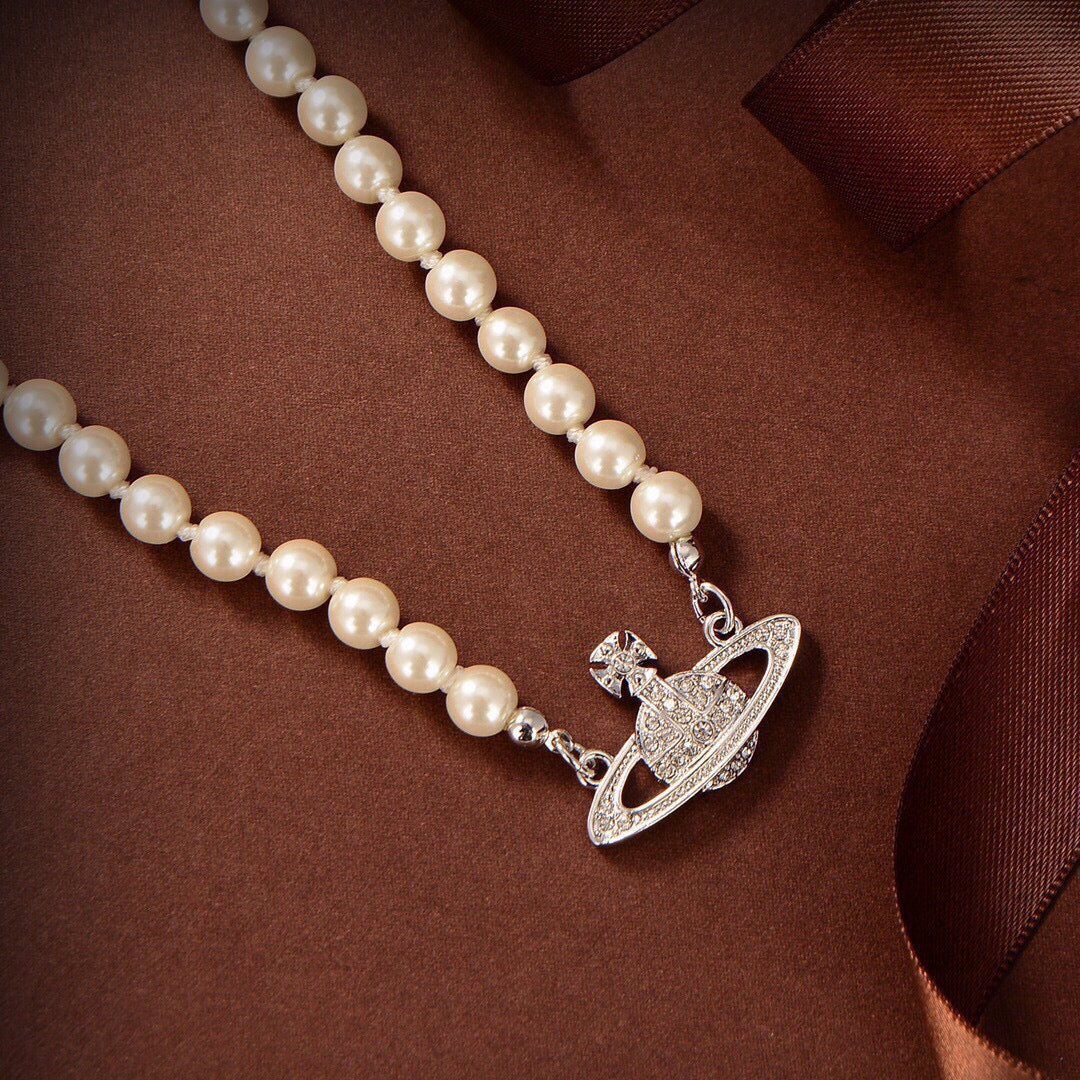 Orb Pendant Necklace in Polished Metal-Tone – Pearl Detail – Design 024 styled product view