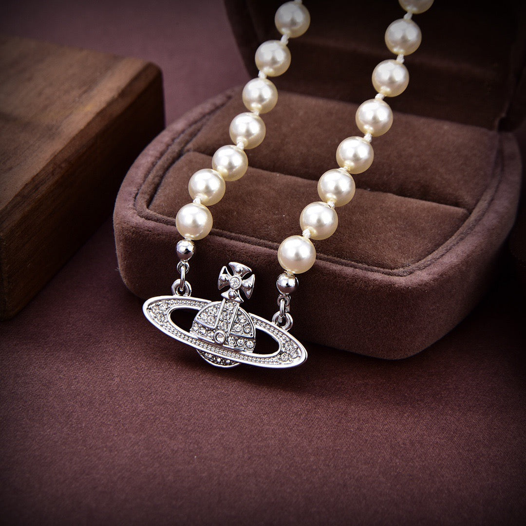 Orb Pendant Necklace in Polished Metal-Tone – Pearl Detail – Design 022 front product view