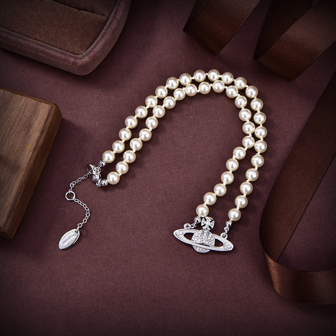 Orb Pendant Necklace in Polished Metal-Tone – Pearl Detail – Design 022 main product view