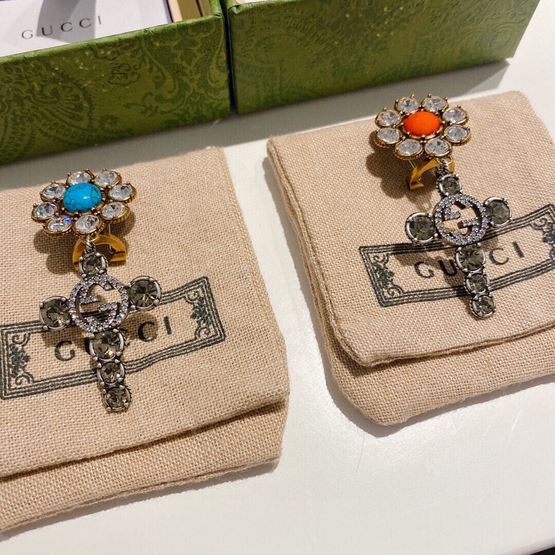 Floral Stud Earrings in Polished Metal-Tone – Turquoise Detail side detail