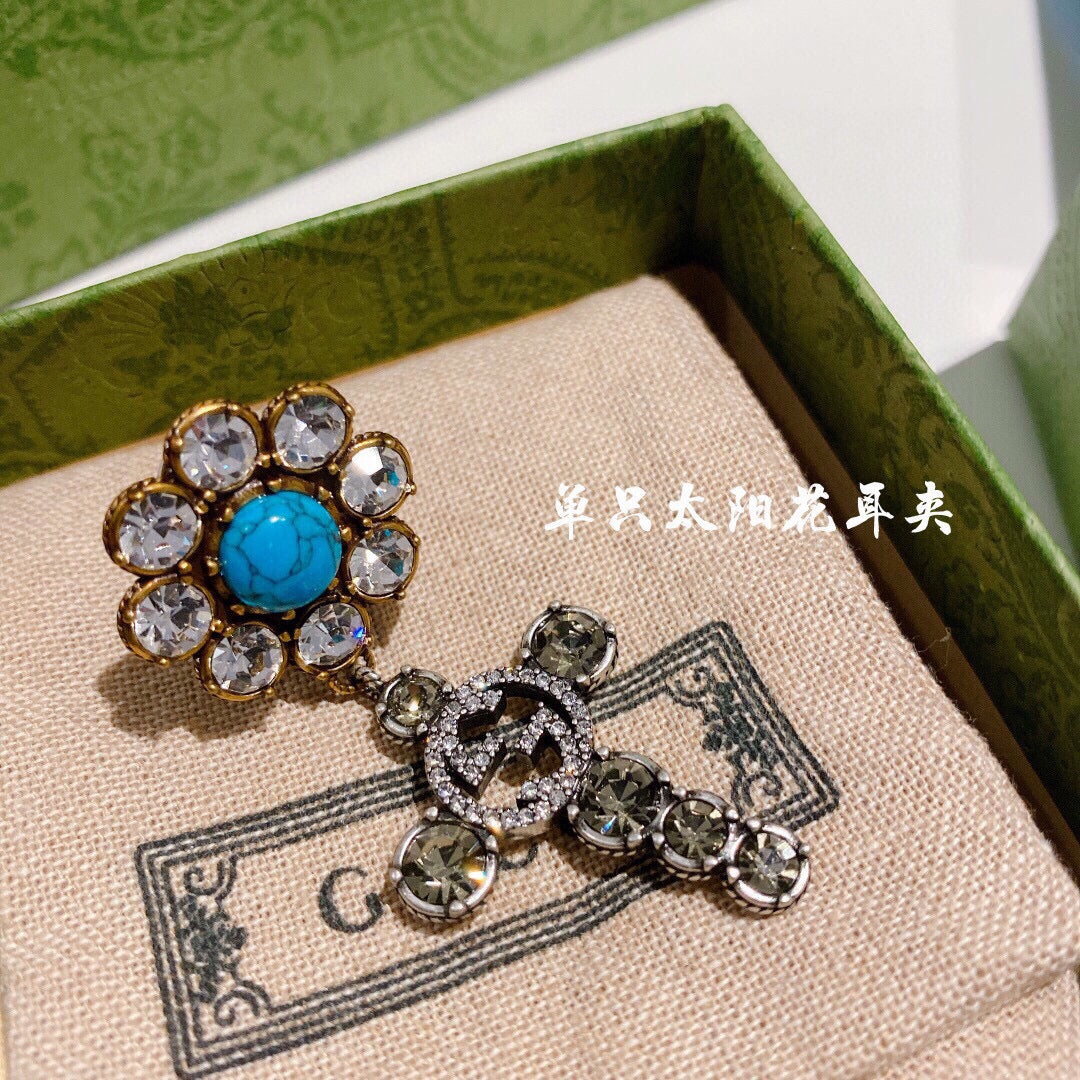 Floral Stud Earrings in Polished Metal-Tone – Turquoise Detail detail view