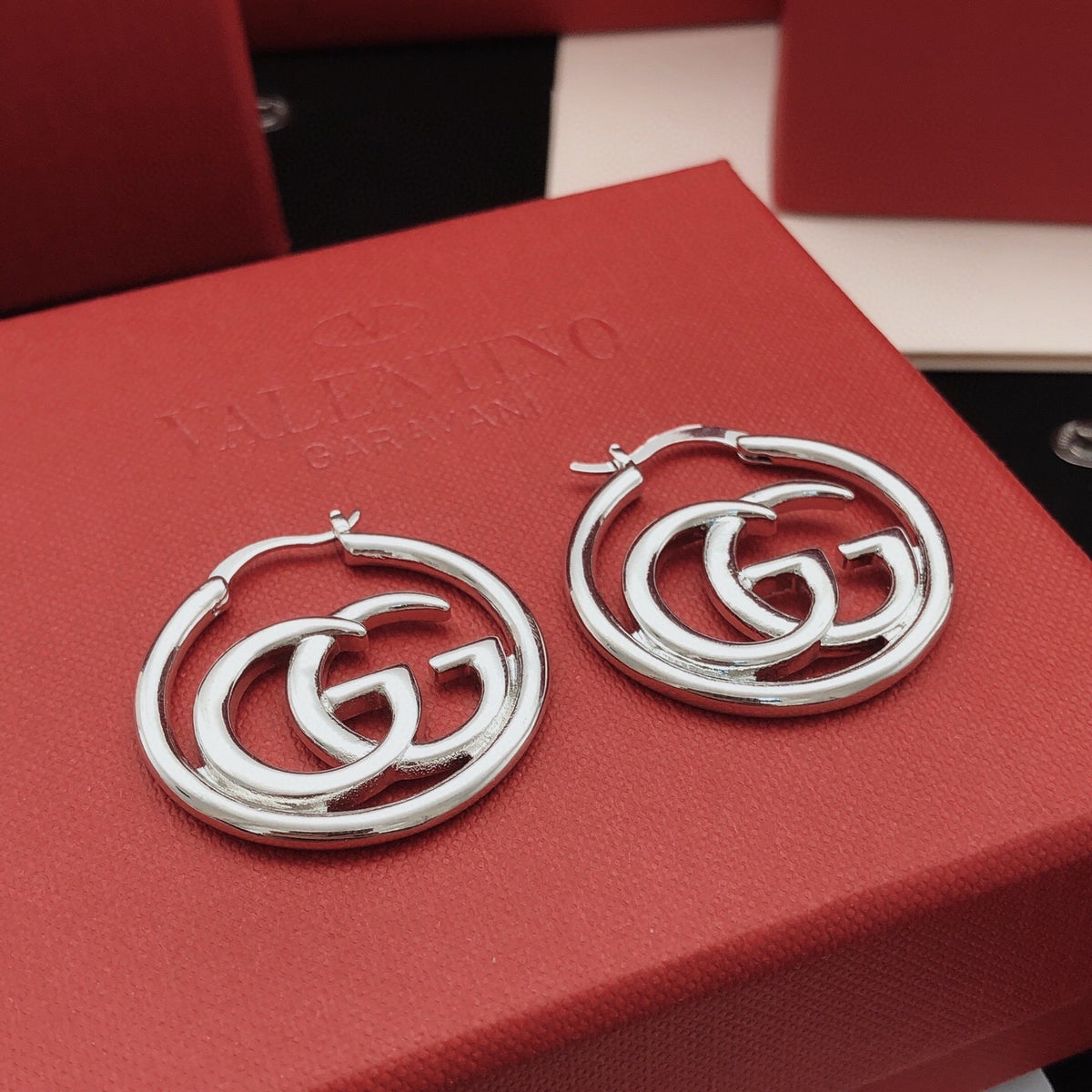 Geometric Emblem Stud Earrings in Silver-Tone – Design 001 detail view