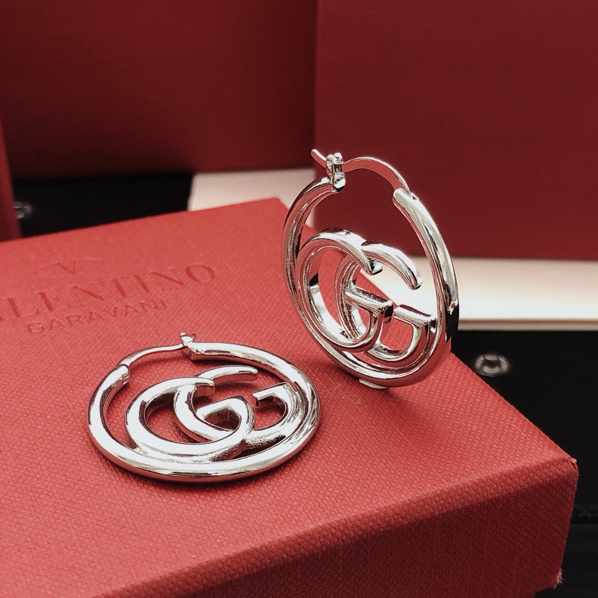 Geometric Emblem Stud Earrings in Silver-Tone – Design 001 front product view