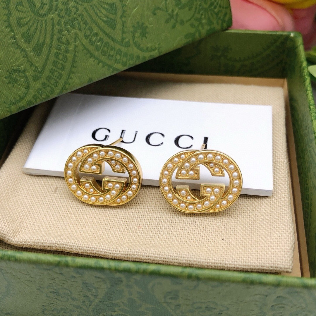 Double-G Emblem Stud Earrings in Polished Metal-Tone – Design 027 styled product view