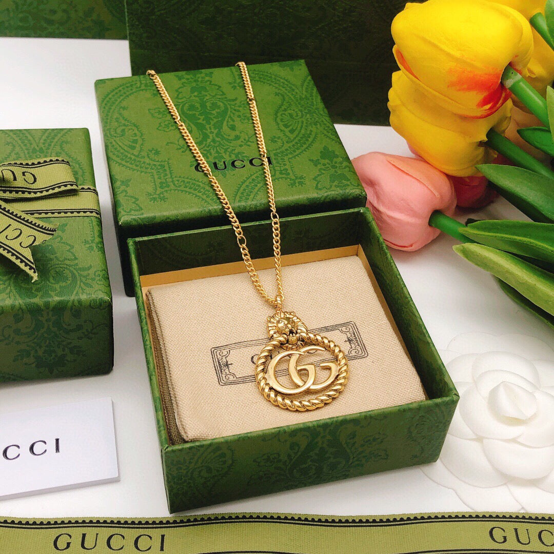 Double-G Emblem Pendant Necklace in Polished Metal-Tone – Vintage Detail – Design 037 front product view