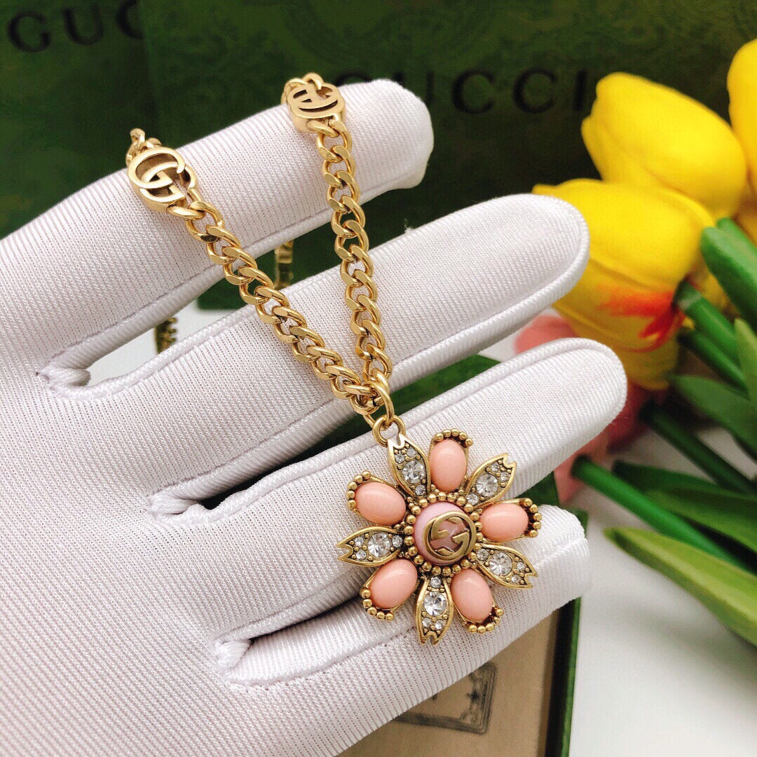 Floral Pendant Necklace in Polished Metal-Tone – Design 003 detail view