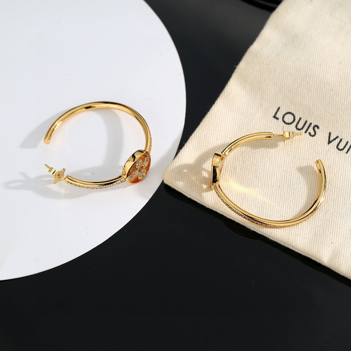 Letter Emblem Stud Earrings in Polished Metal-Tone – Design 026 detail view