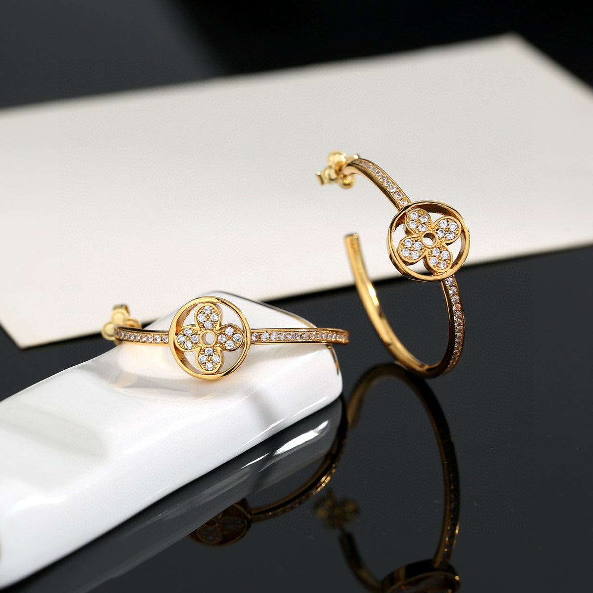 Letter Emblem Stud Earrings in Polished Metal-Tone – Design 043 front product view