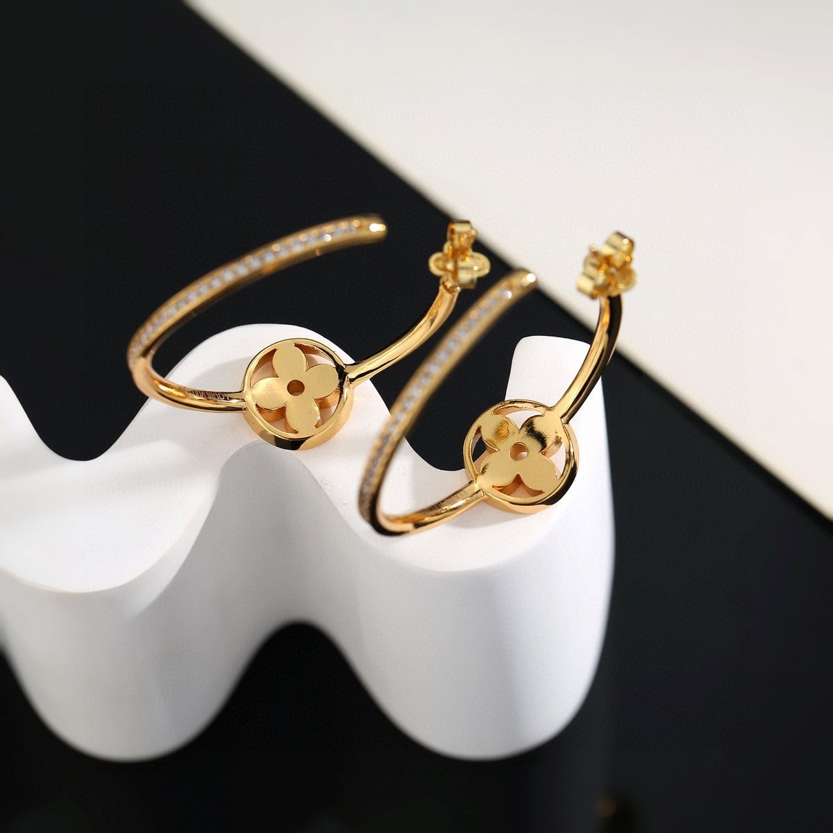 Letter Emblem Stud Earrings in Polished Metal-Tone – Design 043 side detail
