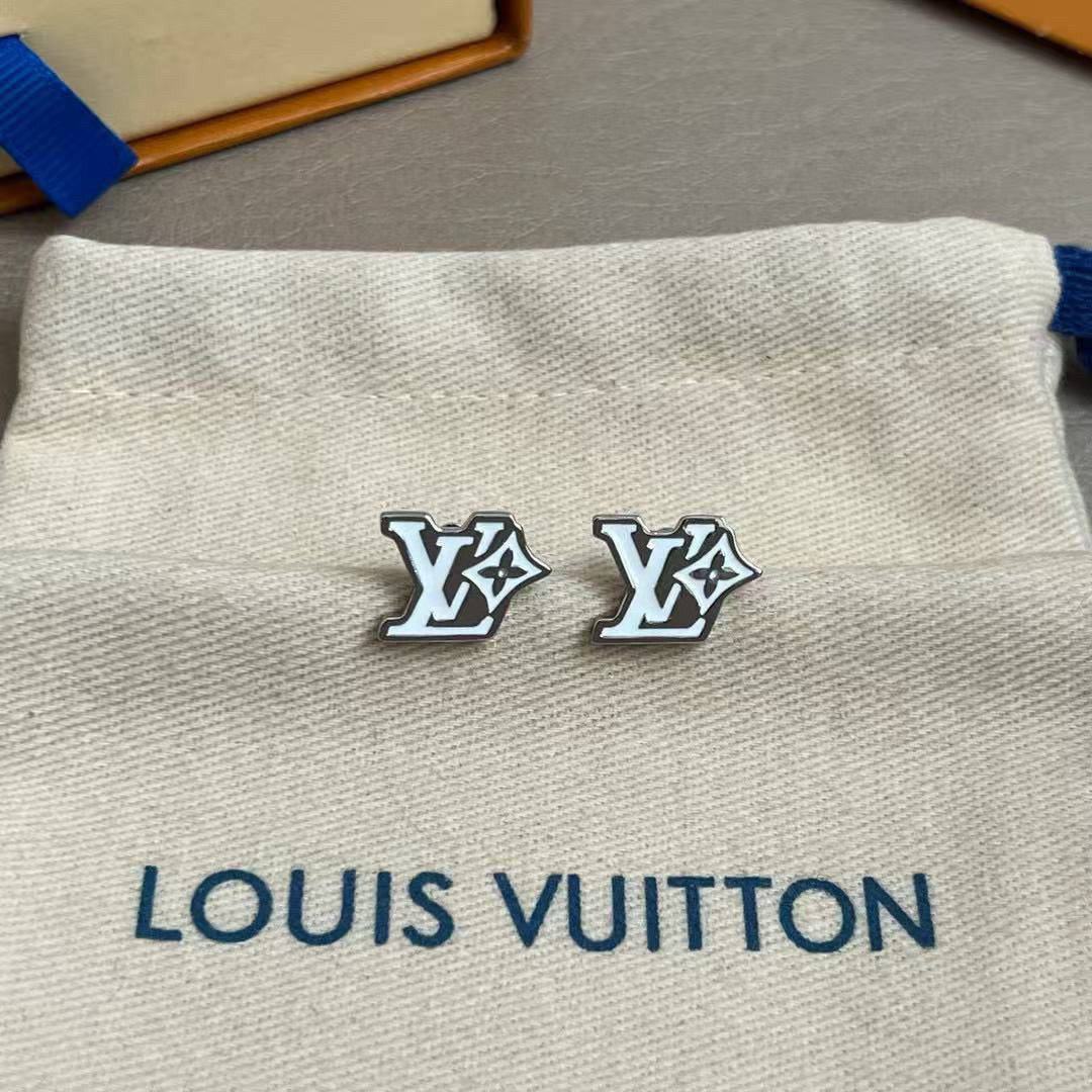 Letter Emblem Stud Earrings in Polished Metal-Tone – Design 042 front product view