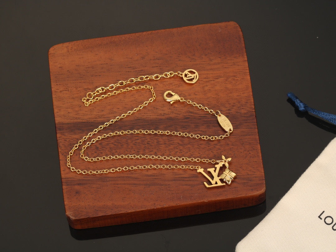 Letter Emblem Pendant Necklace in Polished Metal-Tone – Design 032 front product view