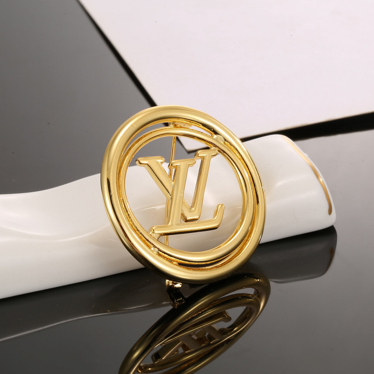 Letter Emblem Brooch in Polished Metal-Tone – Design 008 front product view