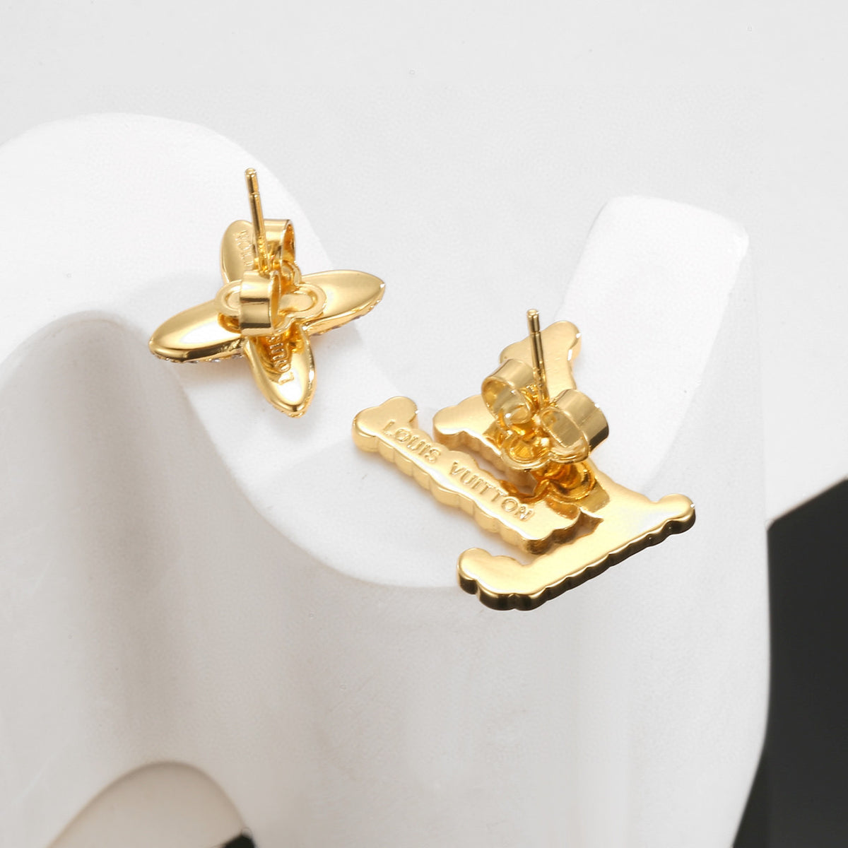 Geometric Emblem Stud Earrings in Polished Metal-Tone – Design 043 close-up detail