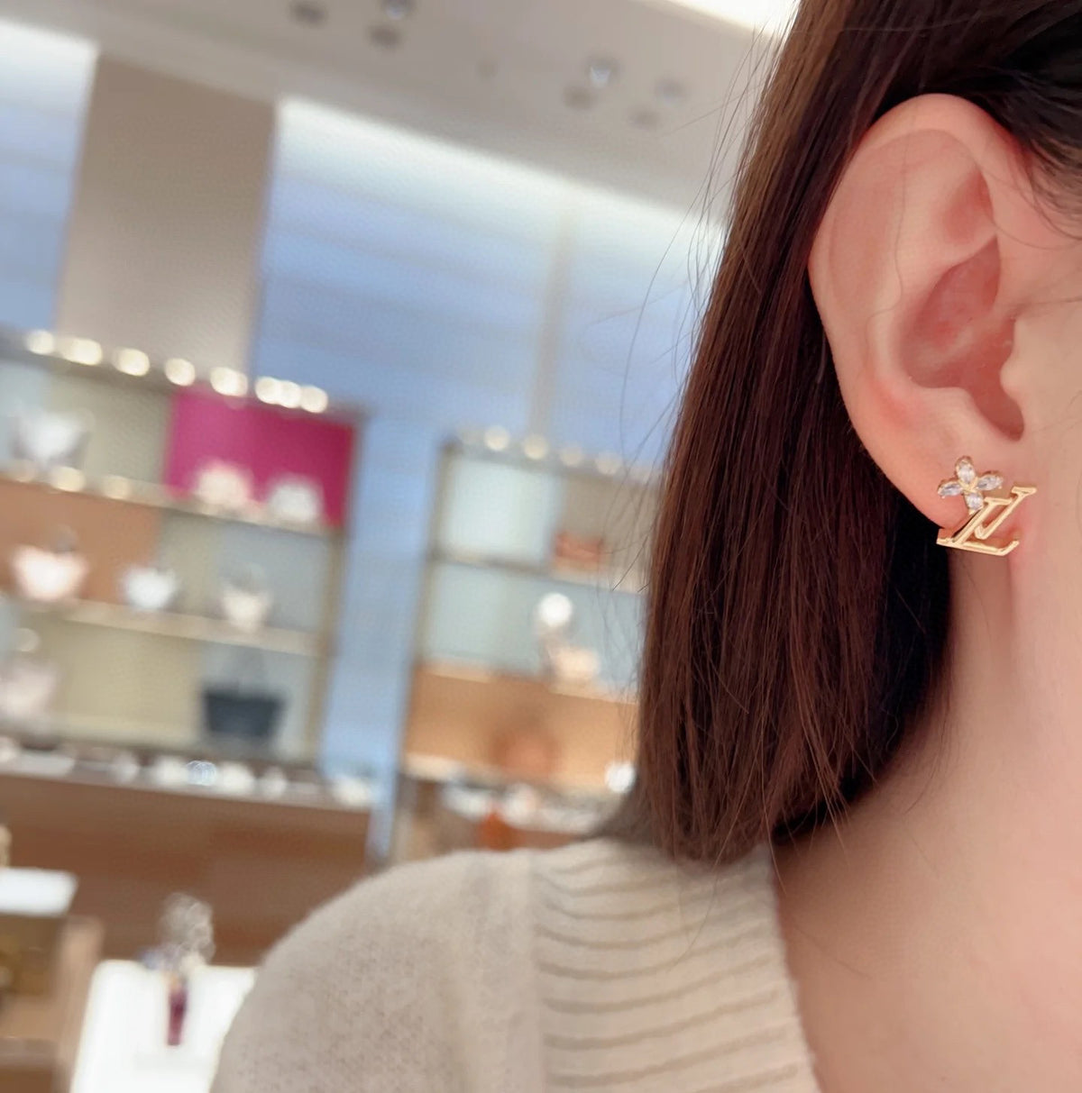 Geometric Emblem Stud Earrings in Polished Metal-Tone – Design 047 detail view