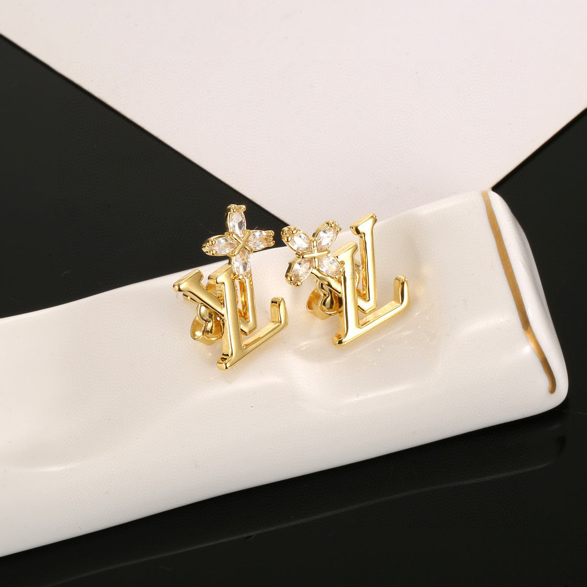 Geometric Emblem Stud Earrings in Polished Metal-Tone – Design 031 styled product view